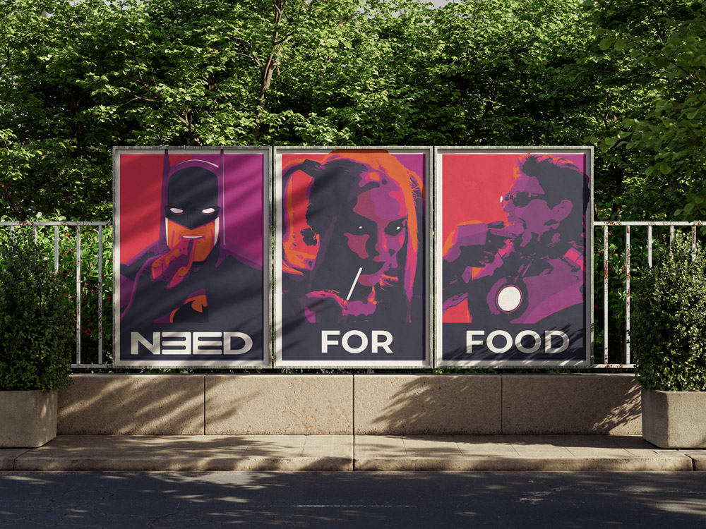 Mise en situation de poster réalisé pour le self de l'école du numérique Need For School représentant des superhéros entrain de manger dans un style graphique rappelant Obey aux couleurs de l'école