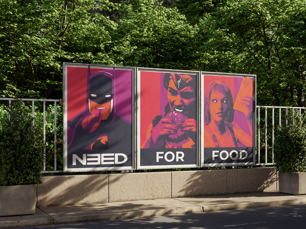 Mise en situation de poster réalisé pour le self de l'école du numérique Need For School représentant des superhéros entrain de manger dans un style graphique rappelant Obey aux couleurs de l'école