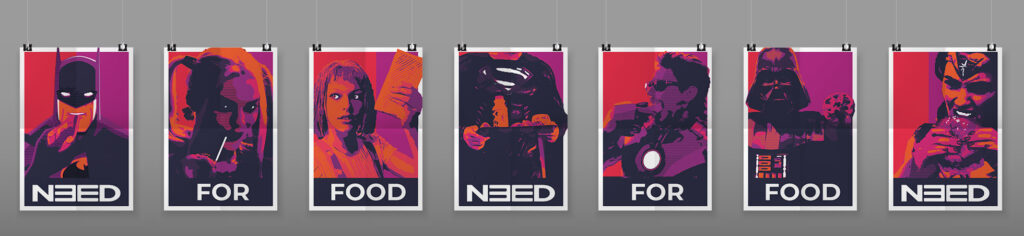 Mise en situation de poster réalisé pour le self de l'école du numérique Need For School représentant des superhéros entrain de manger dans un style graphique rappelant Obey aux couleurs de l'école
