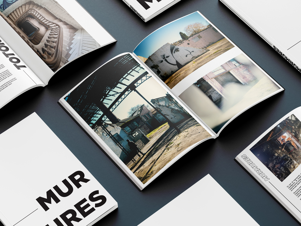 Mise en situation du livre photographique "Murmures" du street artist Ecloz regroupant une partie de ces oeuvres en friches réalisé par plusieurs photographes