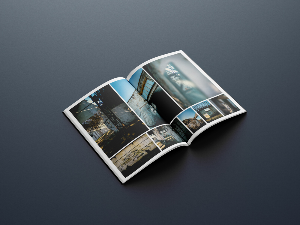 Mise en situation du livre photographique "Murmures" du street artist Ecloz regroupant une partie de ces oeuvres en friches réalisé par plusieurs photographes