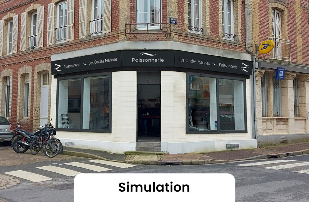 Simulation de l'habillage d'enseigne de la poissonnerie "Les Ondes Marines"