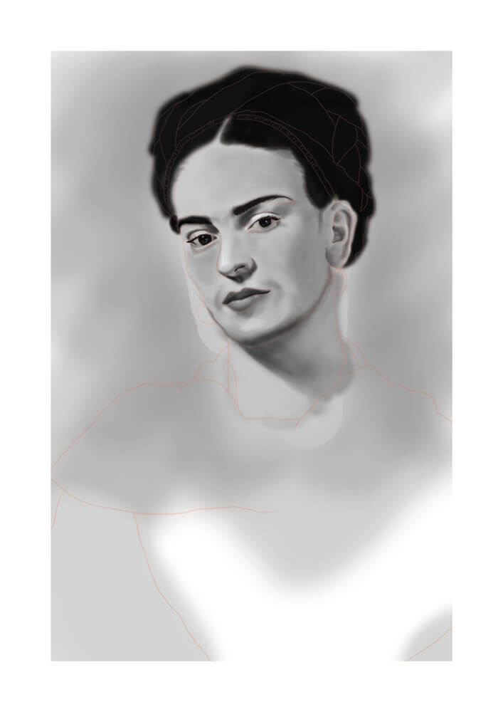 Process de l'llustration digitale d'un portrait de Frida Kahlo