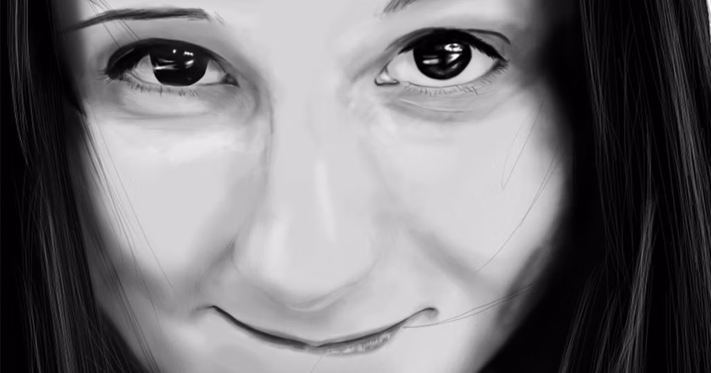 Extrait d'une illustration digitale en noir et blanc de Olga